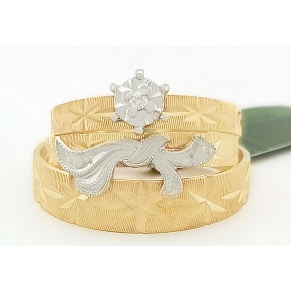 Genuine Diamond Trio-Wedding Set Rings 14k Gold - Picture 1 of 11